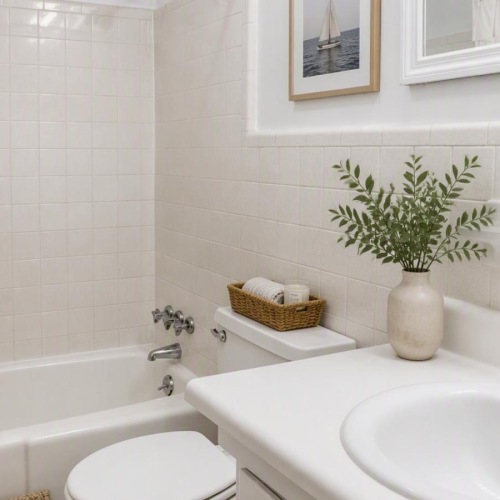 a bathroom with a tub sink and toilet