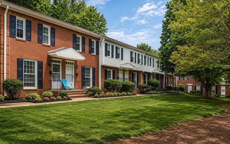 a brick building with a lawn and trees in front of it